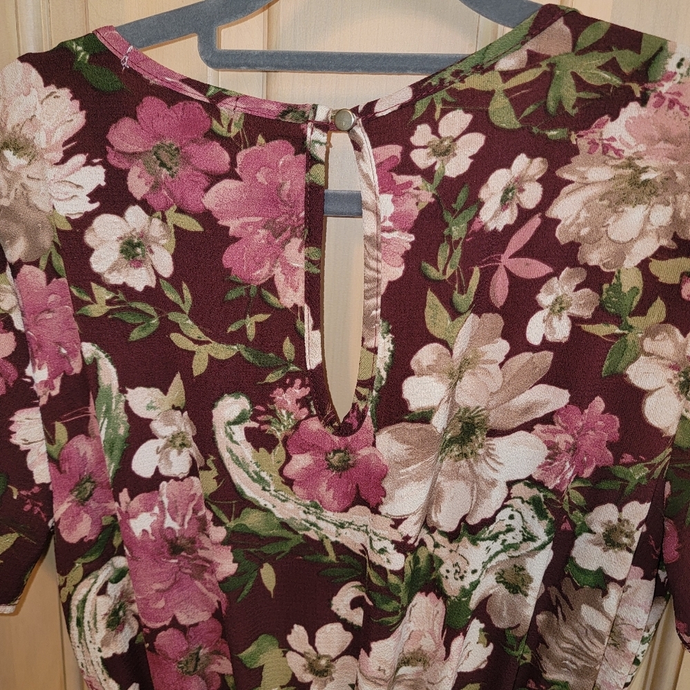 Miami Romper Misses sz L with long overlay like Dress Burgundy Floral - Picture 3 of 5